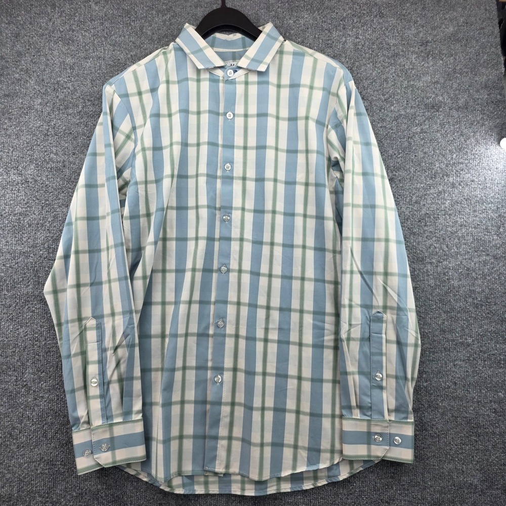 Mizzen+Main Men Trim Fit Plaid Performance Dress Shirt Blue Green XL Long Sleeve